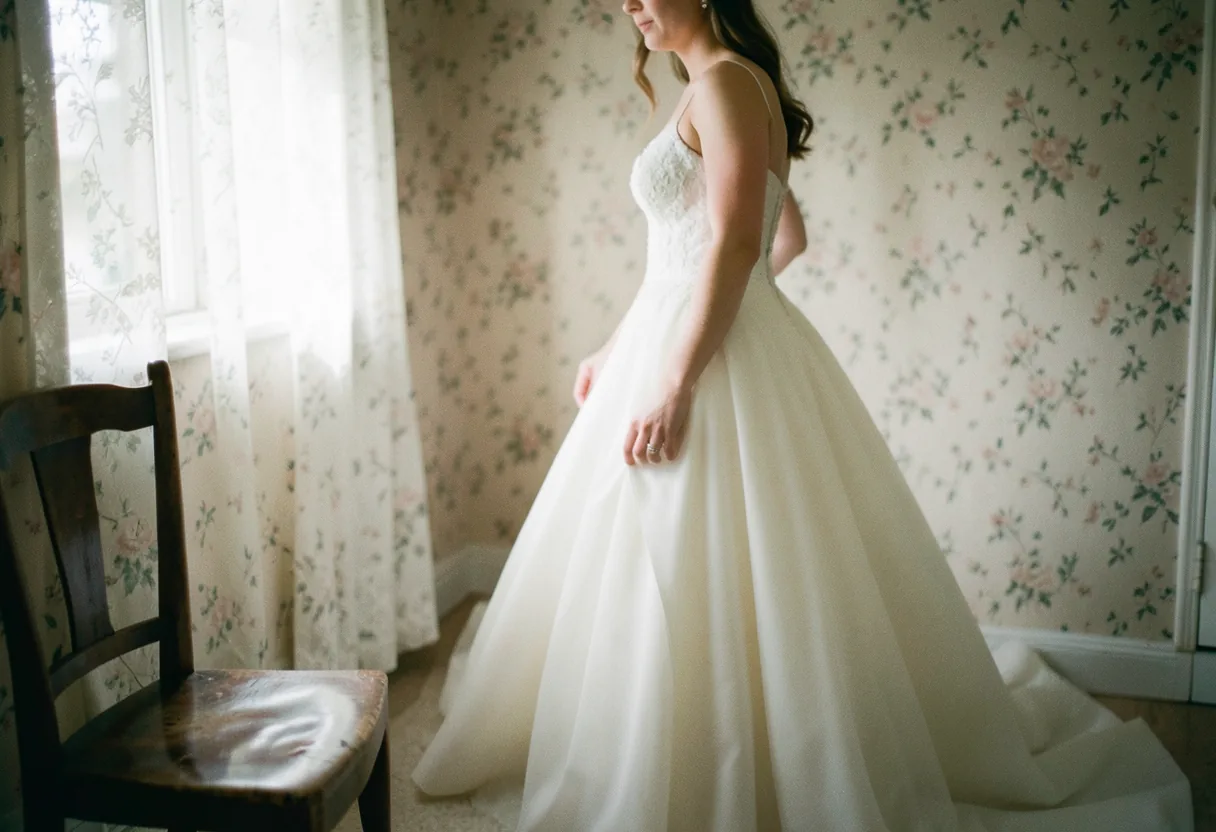 Elegant woman in flowing ball gown wedding dress, soft light, muted colors.
