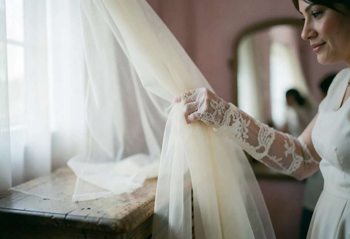 Bride's gloved hand holding ivory tulle veil, soft muted colors, bridal accessories guide