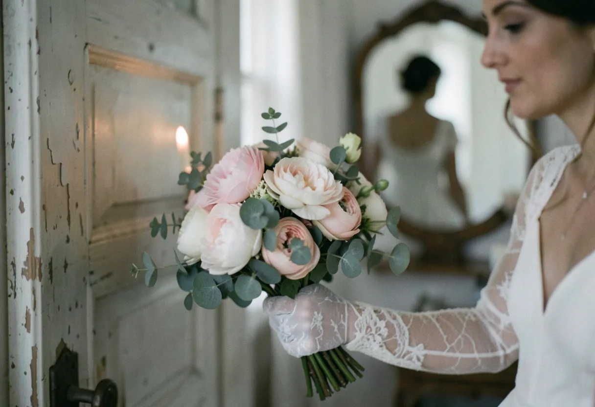 Softly gloved hand holding peony bridal bouquet, muted colors, gentle lighting, bridal bouquet types and meanings.
