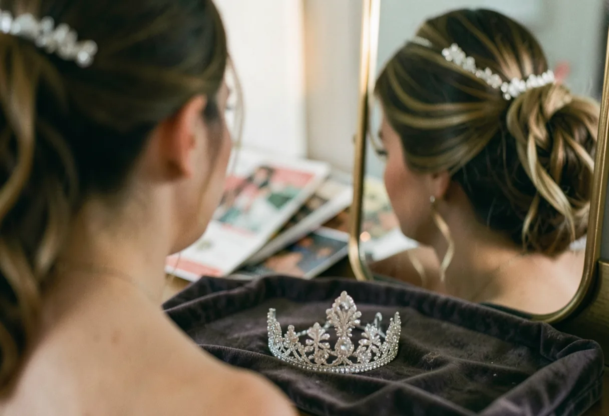 Silver and crystal tiara for bridal updos, soft lighting, muted colors.