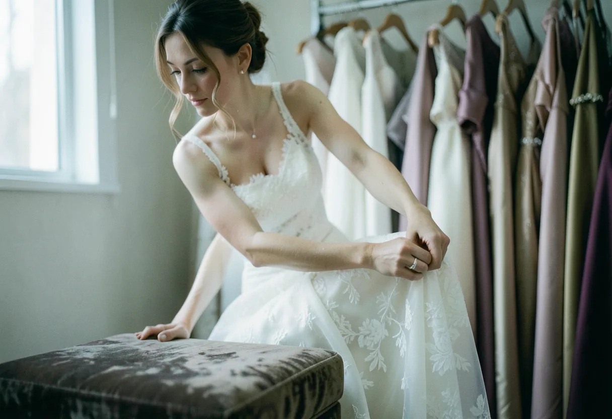A bride-to-be in a soft-lit shop, smoothing delicate lace of her chosen wedding dress.