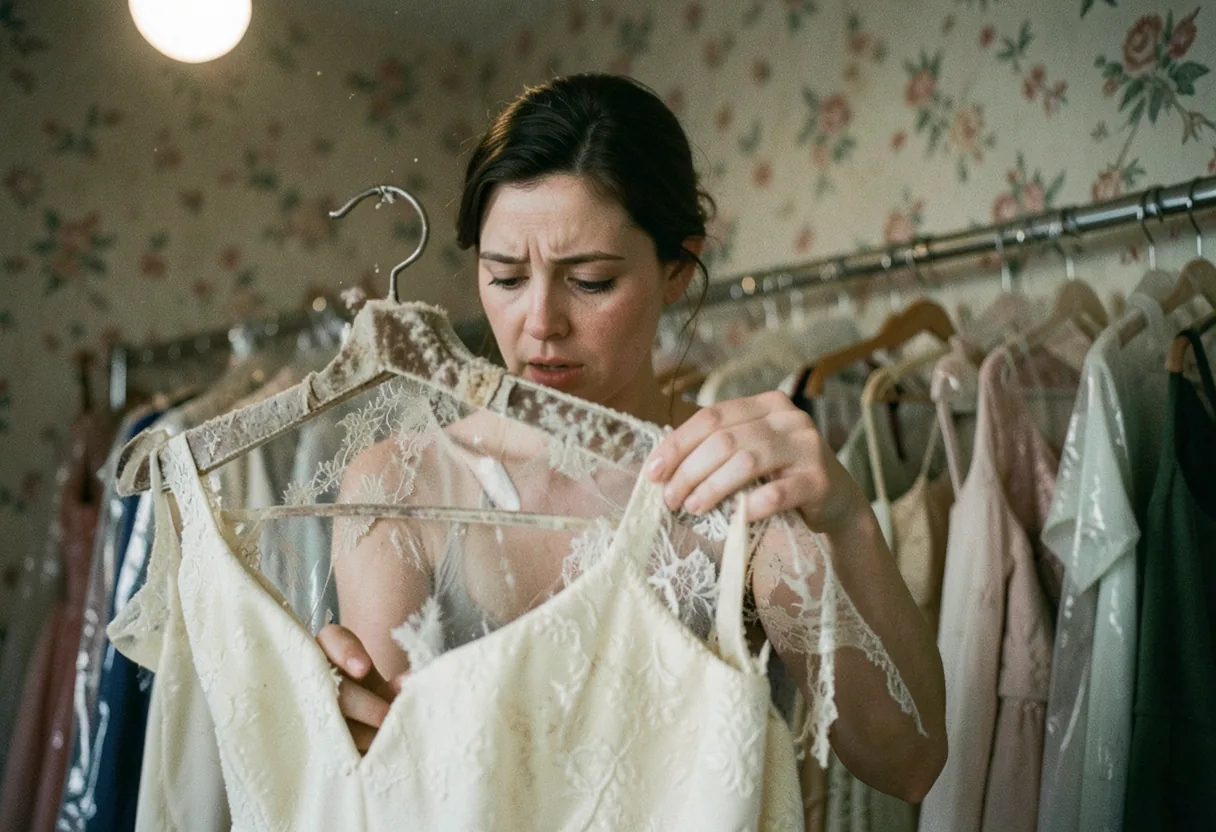 Bride-to-be in muted light, browsing dresses in a modest bridal shop, Tamworth.