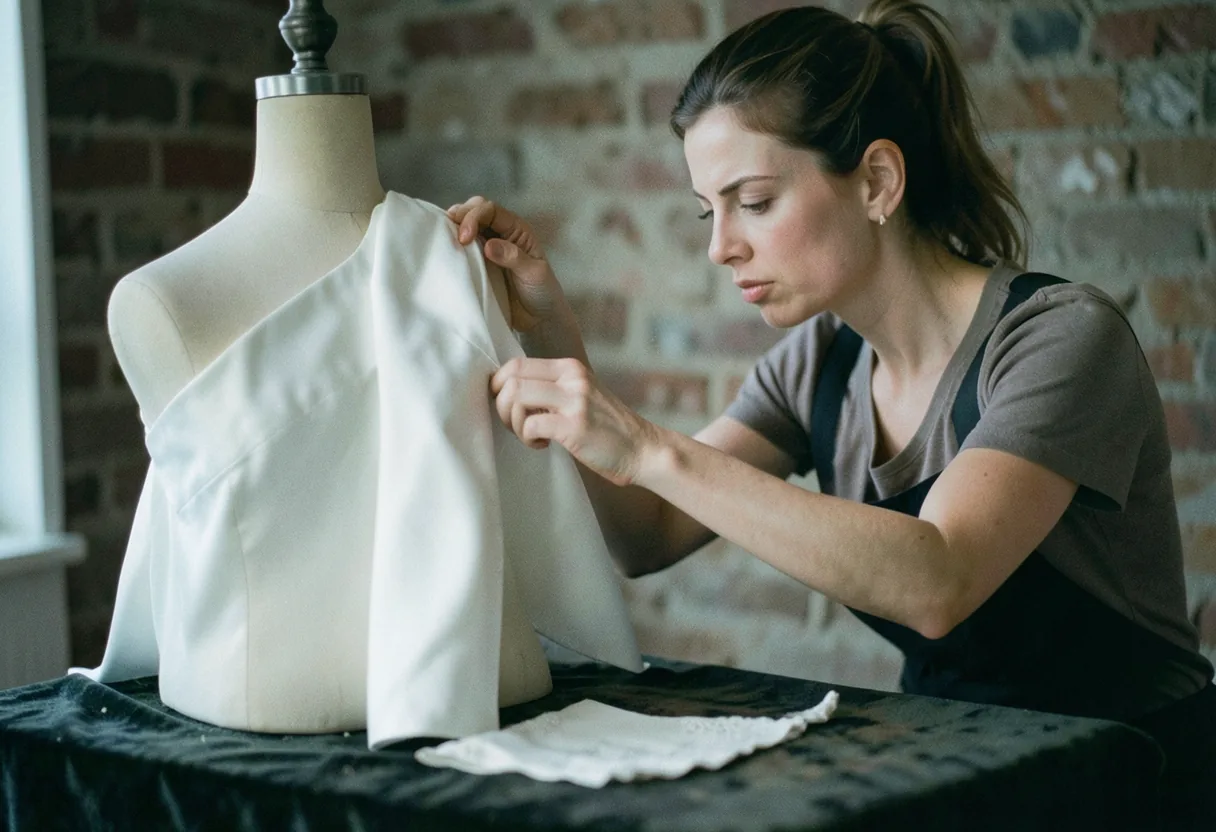Seamstress pins wedding dress on mannequin, soft lighting, muted colors. Wedding dress alterations.