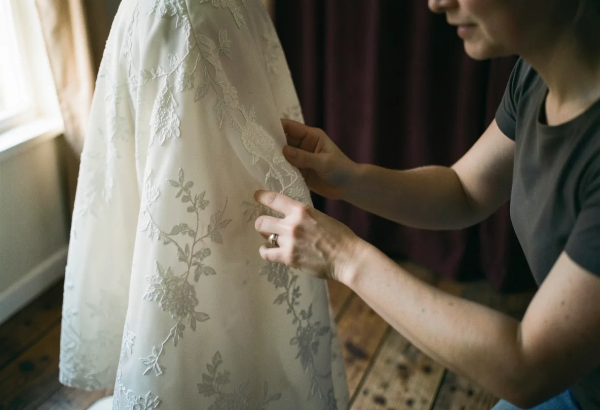A bride-to-be examining lace gowns in a softly-lit bridal shop, designer bridal shops Tamworth.