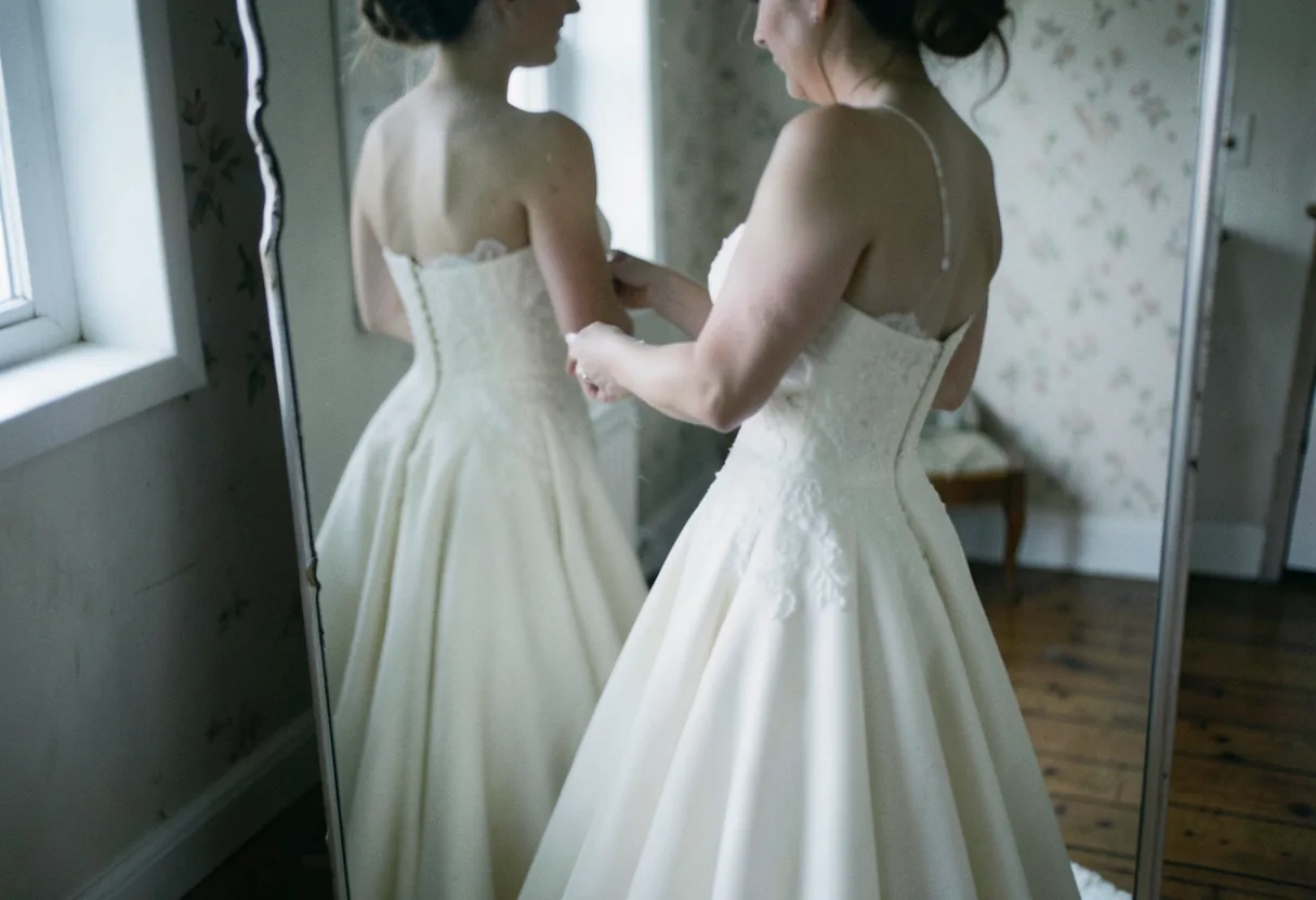 Bride adjusting ivory fit-and-flare wedding dress, soft lighting, back view.
