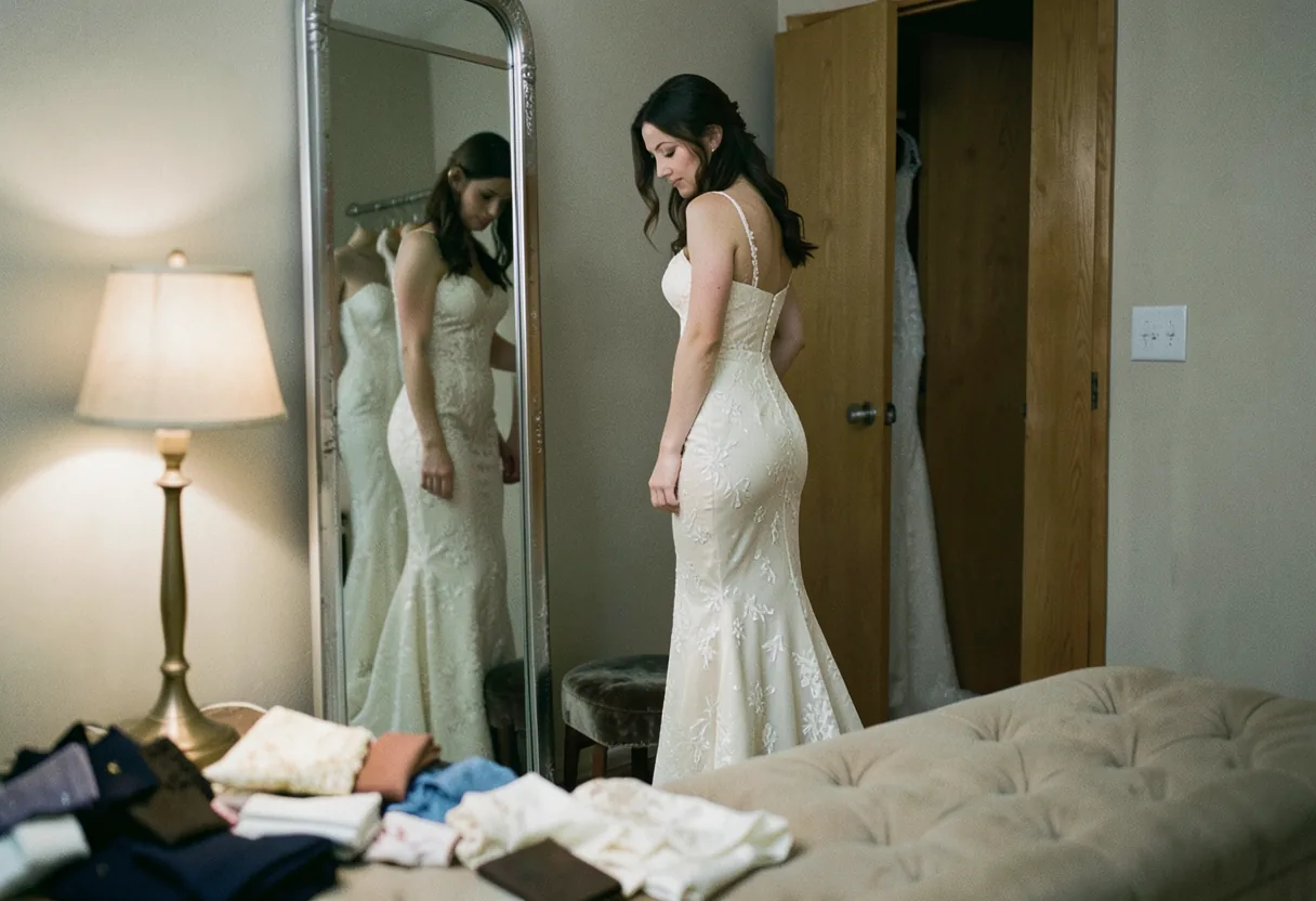 Bride in mermaid wedding dress, fitting room, muted tones, soft lighting.