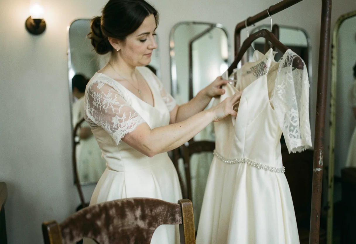 Vintage wedding dresses displayed in a softly lit Tamworth bridal shop.