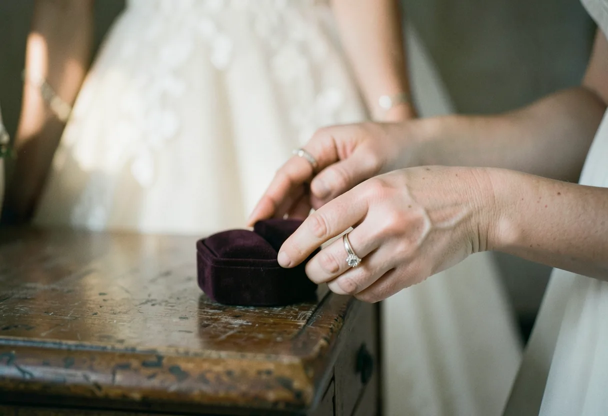 Bride's hands showcasing wedding day jewelry pairing guide under soft, diffused light.