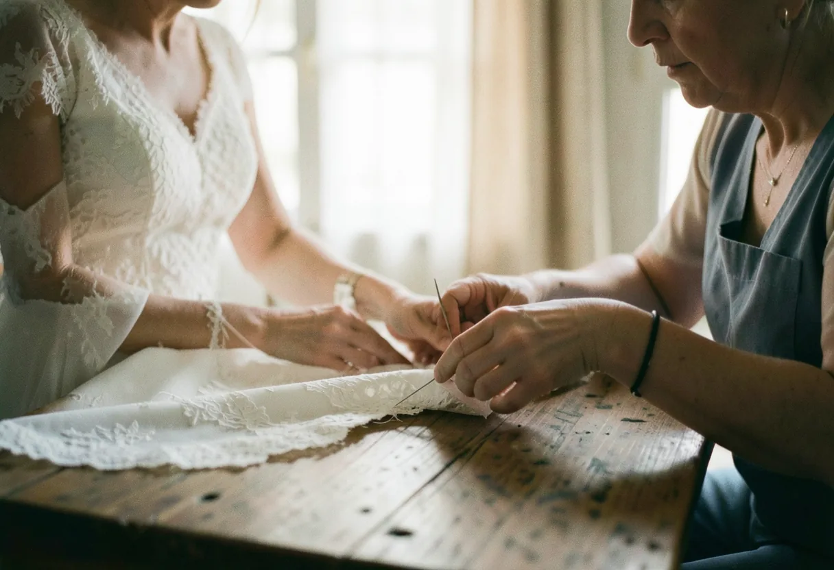 Seamstress hems wedding dress with needle and thread, soft lighting, muted colors.