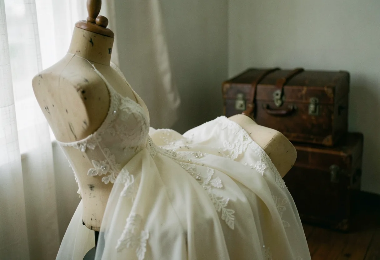 Bride preserving wedding dress on antique dresser, muted tones, soft lighting.