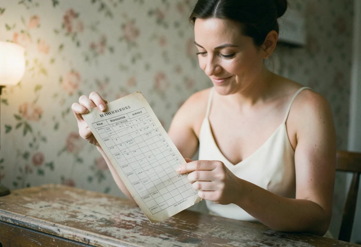 Bride-to-be reviewing vintage wedding dress timeline checklist, soft muted tones.