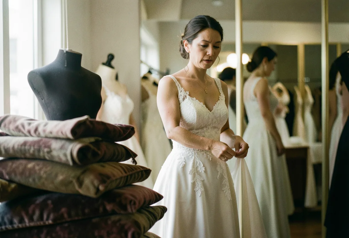 Bride in lace gown, sunlit bridal boutique, wedding dress fittings.